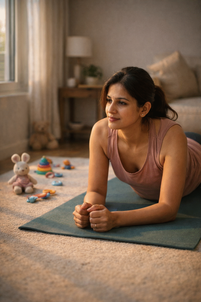 Indian busy mother doing light home workout on yoga mat with baby toys around, morning sunlight, fitness routine for moms at home