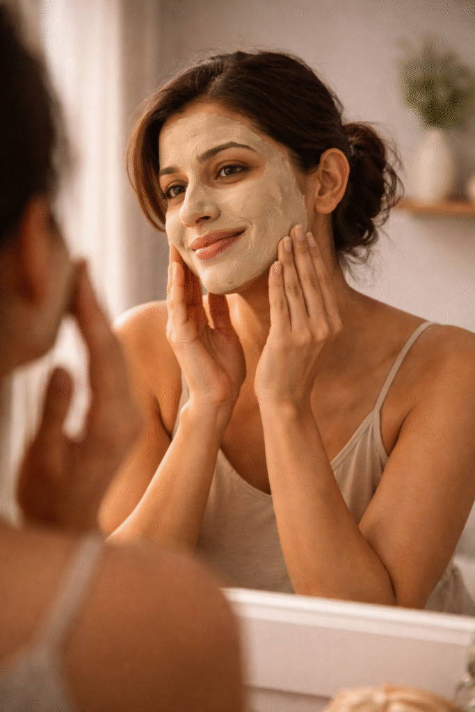 Indian mother applying multani mitti face mask in front of mirror, smiling, natural skincare routine at home
