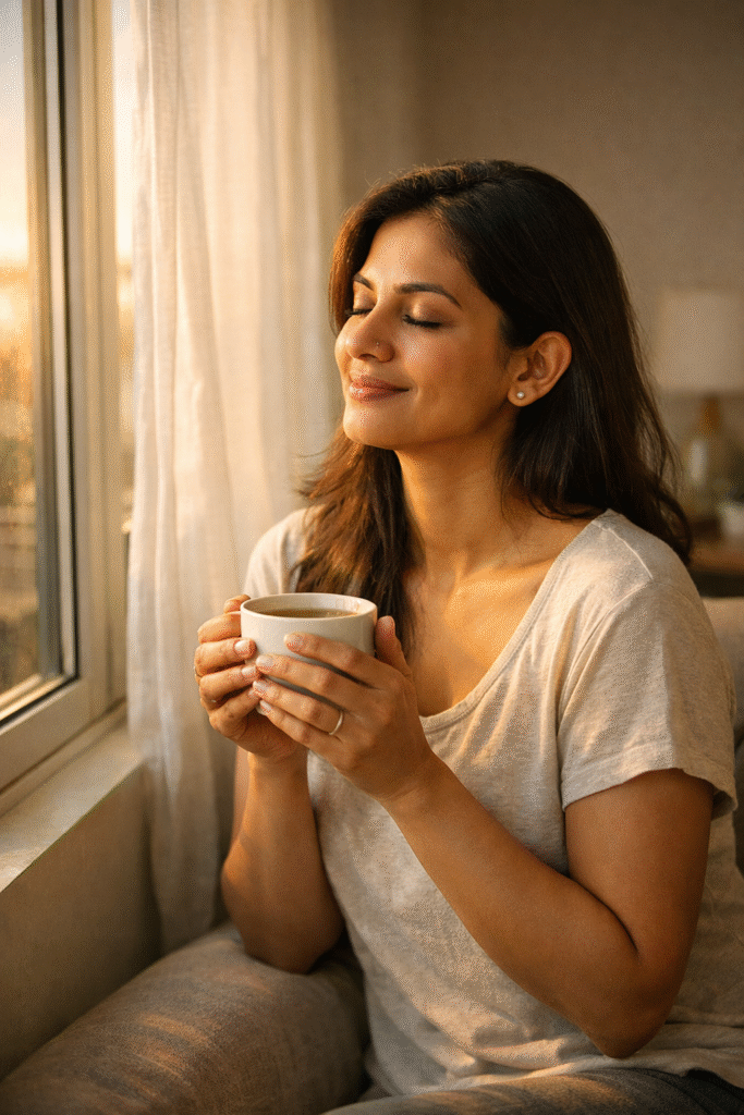 Indian busy mother sitting near window in morning sunlight holding a cup of tea with calm and peaceful expression