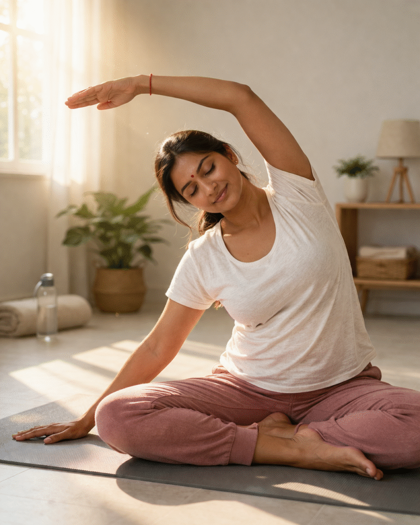 delivery ke baad kamar dard ke liye exercise karti hui indian woman