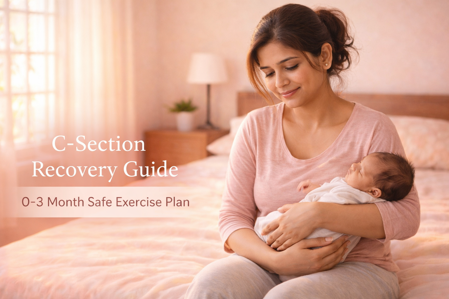 Indian new mother holding baby after C-section with recovery guide text, post pregnancy exercise concept”