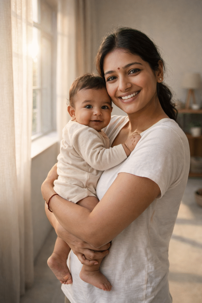 delivery ke baad kamar dard se recovery ke baad confident indian mother baby ke sath