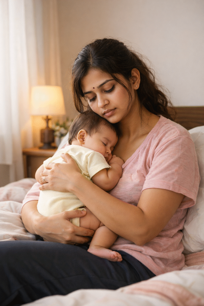 Indian mother holding her baby on bed with love, peaceful bonding moment, morning sunlight, emotional motherhood scene