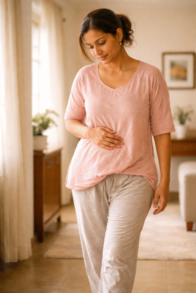 Indian woman walking slowly at home after C-section delivery, safe recovery exercise for new moms”