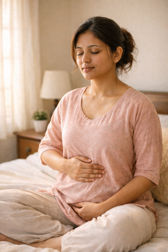 Indian new mom doing deep breathing exercise after C-section recovery at home”