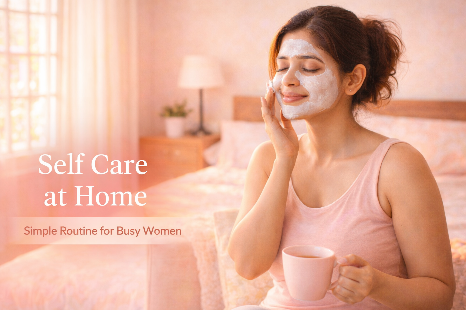 Indian woman doing self care at home applying face mask, simple routine for busy women”