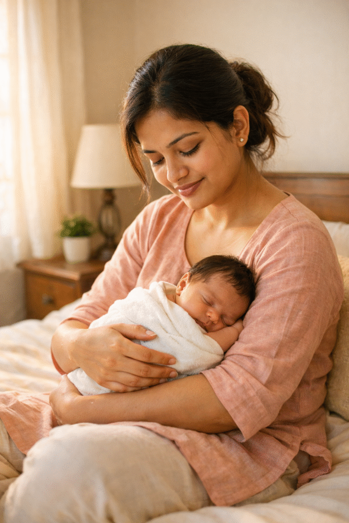 “new Indian mother holding her newborn baby after C-section, emotional bonding moment at home”