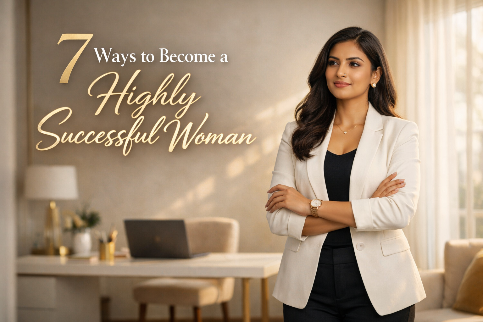 Confident professional Indian woman in formal outfit standing in modern workspace with text “7 Ways to Become a Highly Successful Woman”