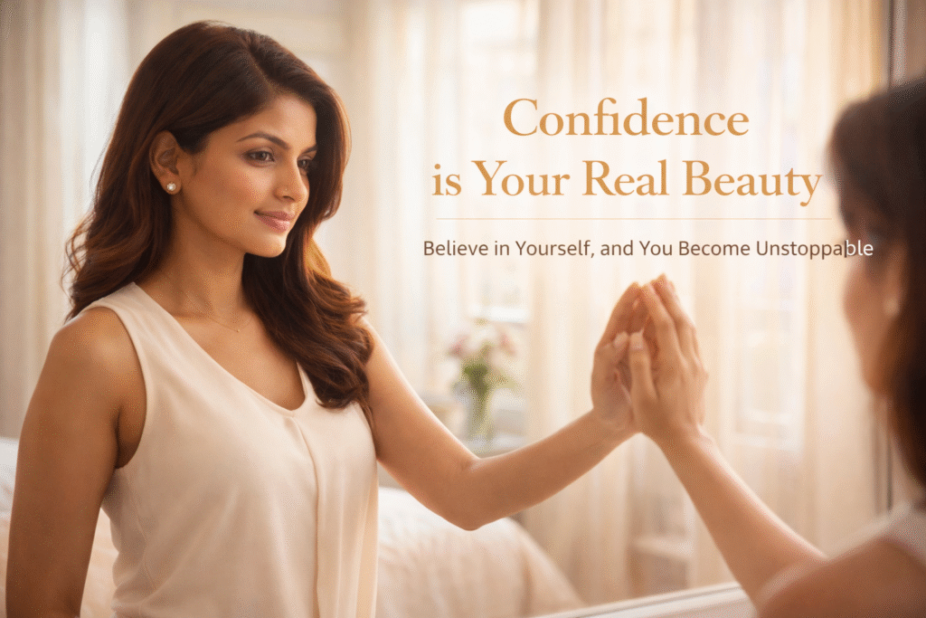 Indian woman looking at herself in mirror with confidence and text “Confidence is Your Real Beauty”