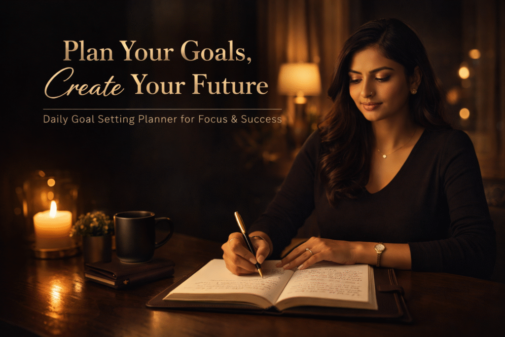 Indian woman writing goals in a planner at night with candle light and text “Plan Your Goals, Create Your Future”