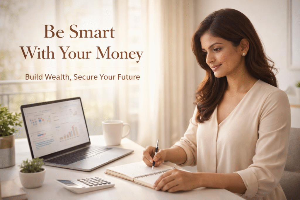 Indian woman planning budget on laptop and notebook with text “Be Smart With Your Money”