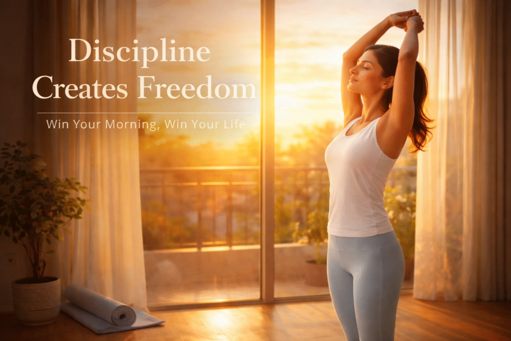 Indian woman doing morning stretch near window at sunrise with text “Discipline Creates Freedom”